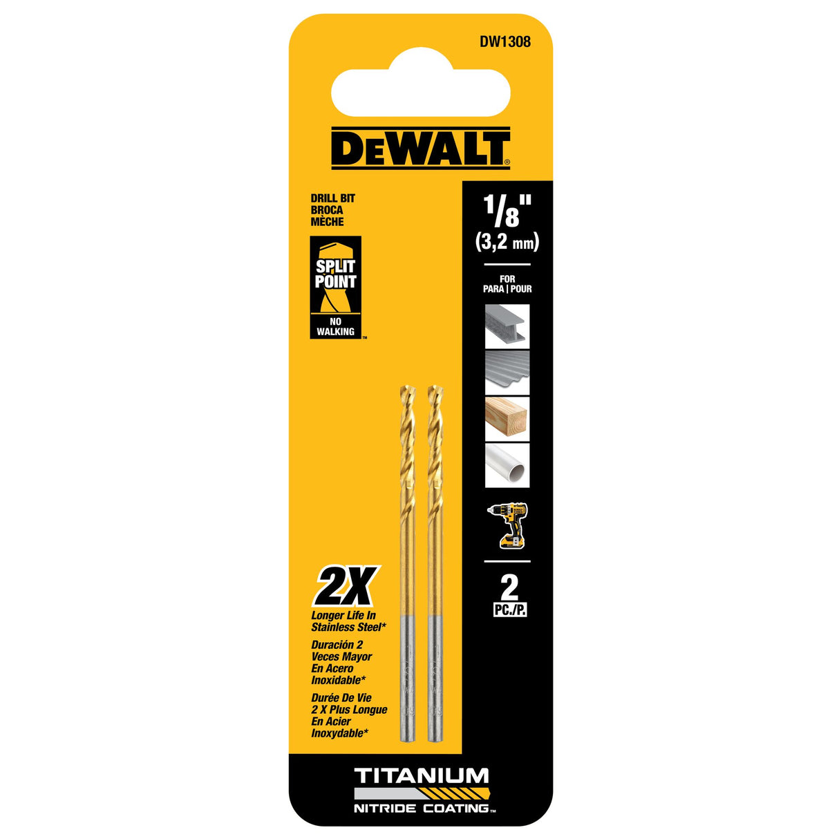 2-Piece 1/8-in x Titanium Nitride Coated Hss Jobber Length Twist Drill Bit DW1308 G