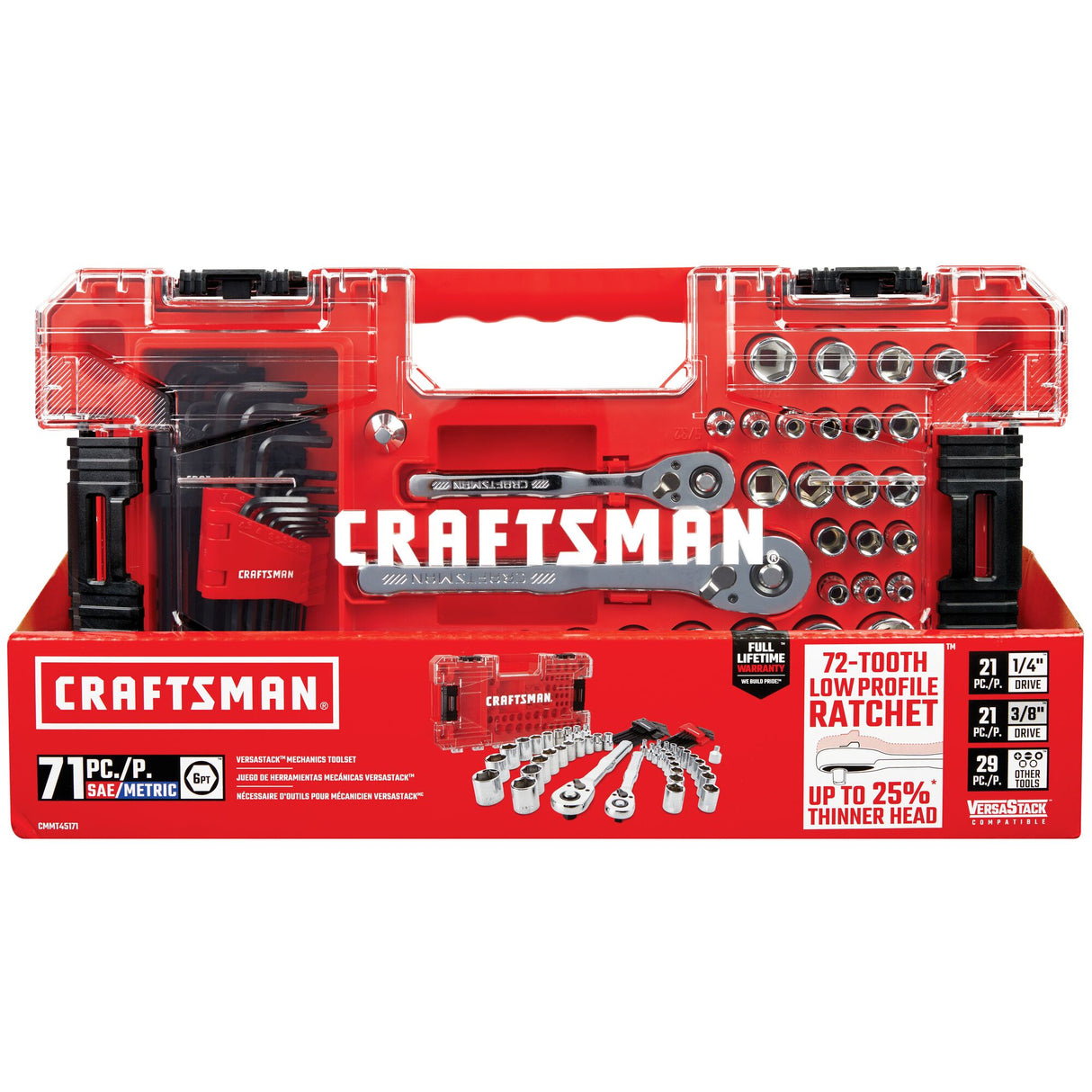 VERSASTACK 71-Piece Standard (SAE) and Metric Polished Chrome Mechanics Tool Set with Hard Case CMMT45171