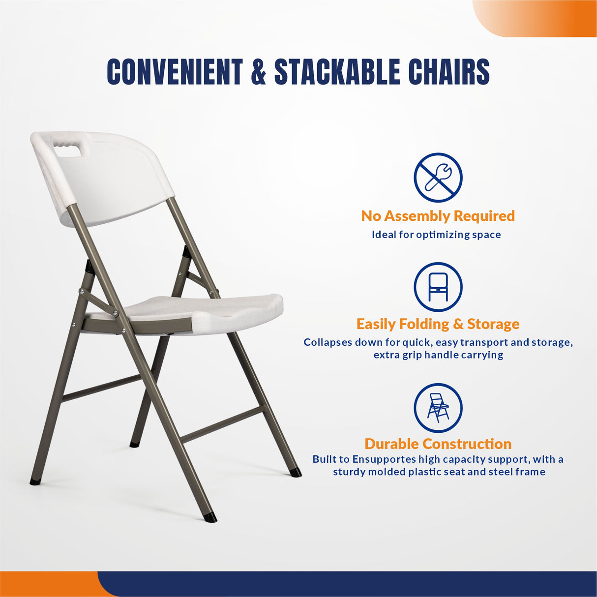 4 Pack White Folding Chairs, Portable Seats with Durable Steel Frame