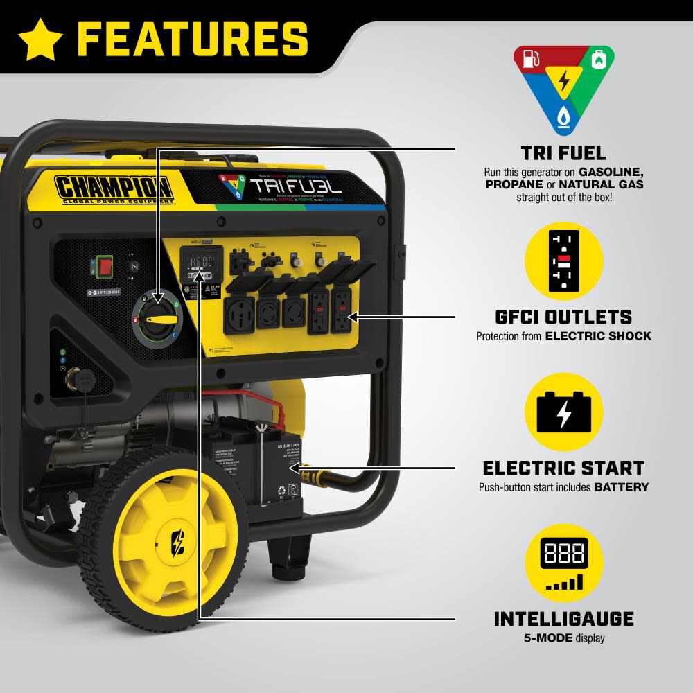 12000 Watt Tri-Fuel Generator Portable with Electric Start & CO Shield 201161