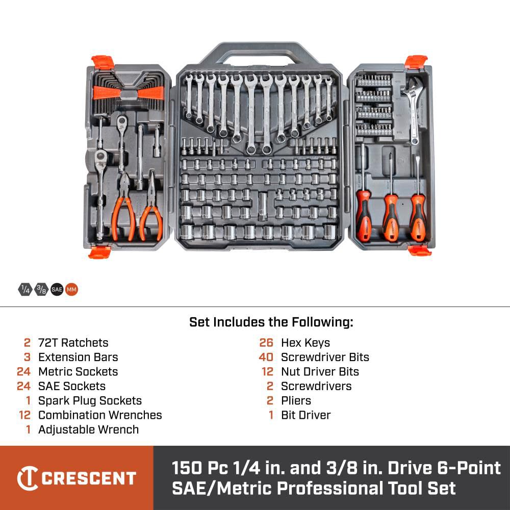 150 Pc. 1/4in and 3/8in Drive 6 Point SAE/Metric Professional Tool Set CTK150