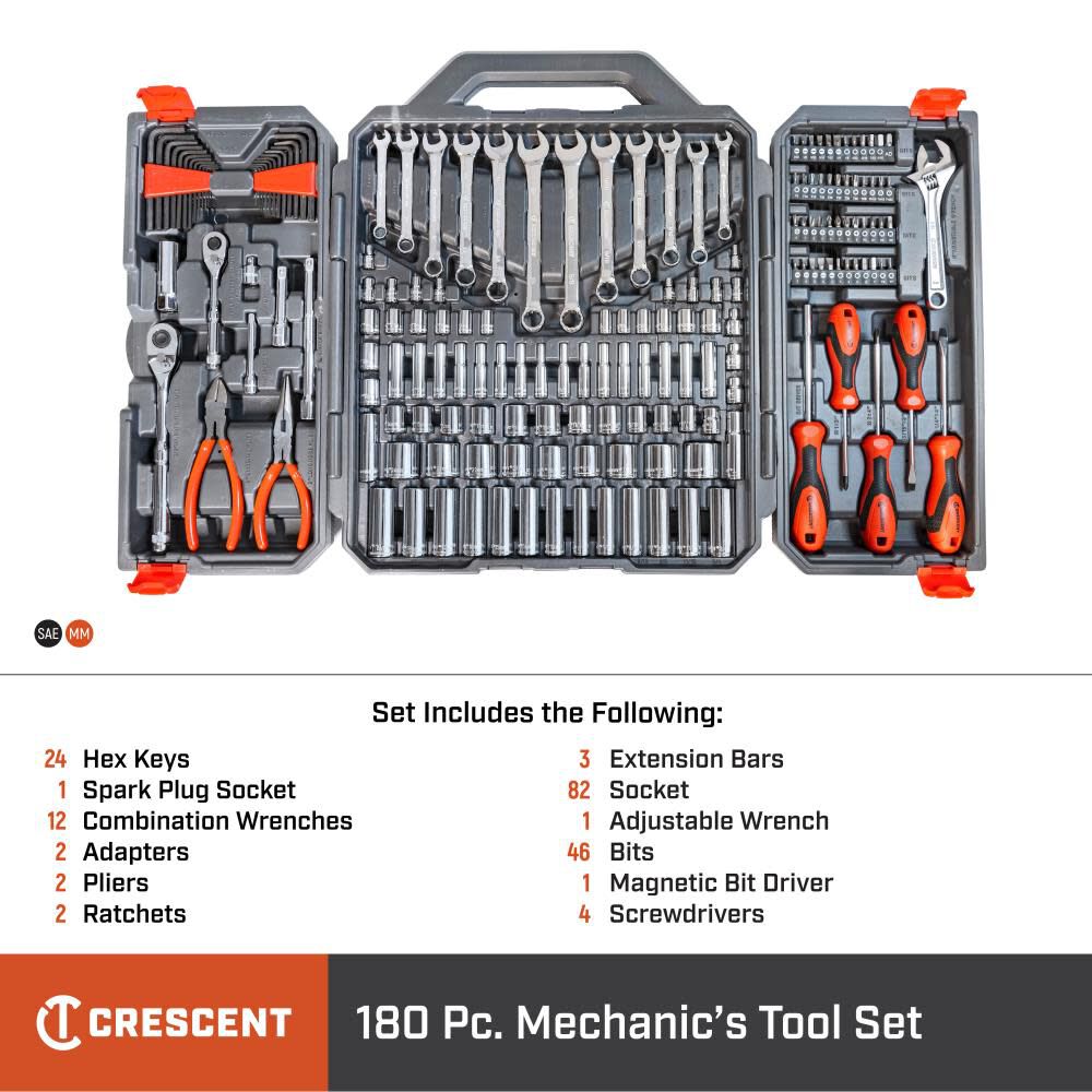 180 Piece 1/4in and 3/8in Drive 6 Point SAE/Metric Professional Tool Set CTK180