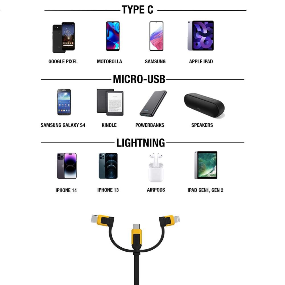 USB to Micro to Type C Retractable 3-in-1 Phone Cord Black/Yellow 131 1364 DW2