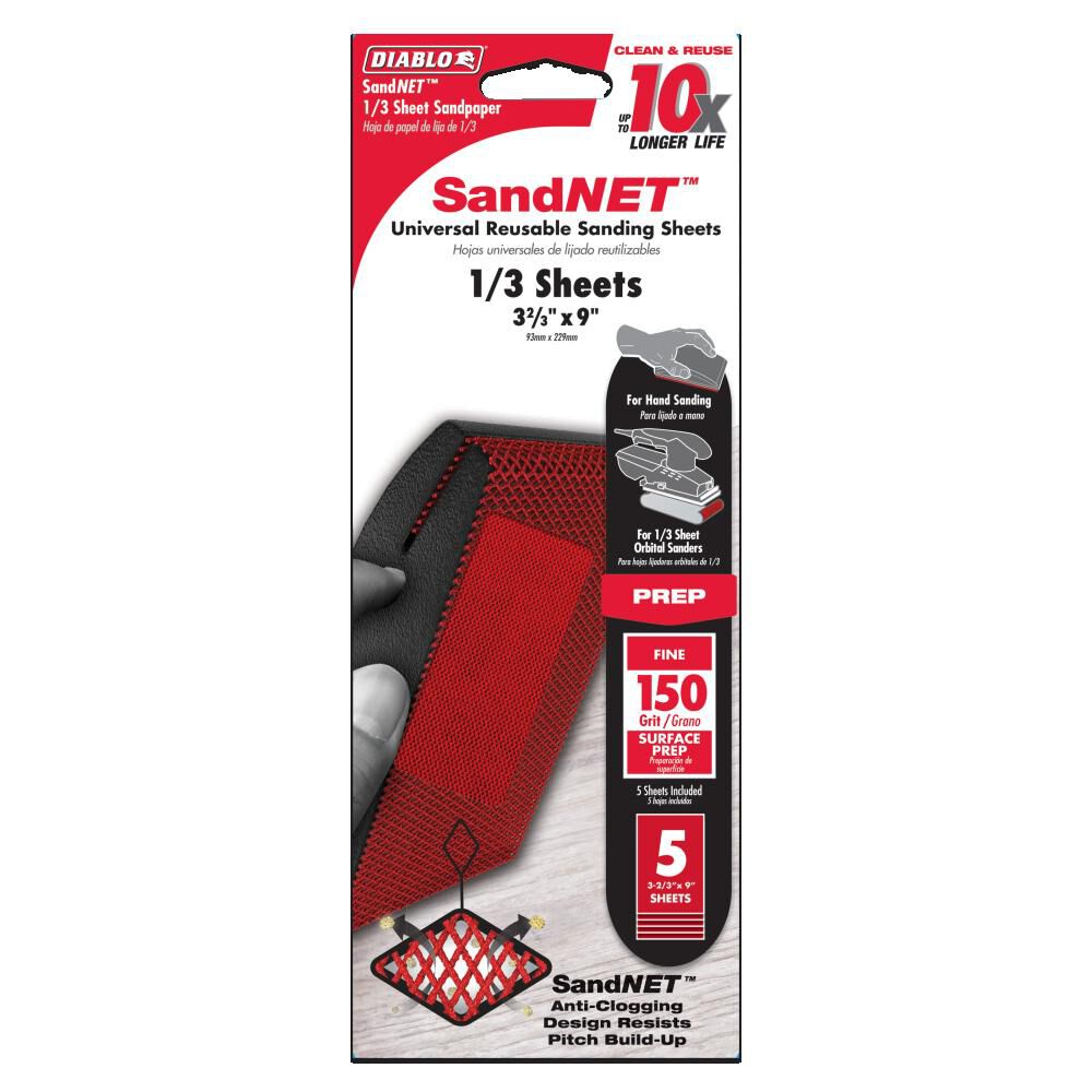 SandNET Sanding Sheet 1/3 Sheet 150 Grit Universal Reusable 5pk DNS323150S05G