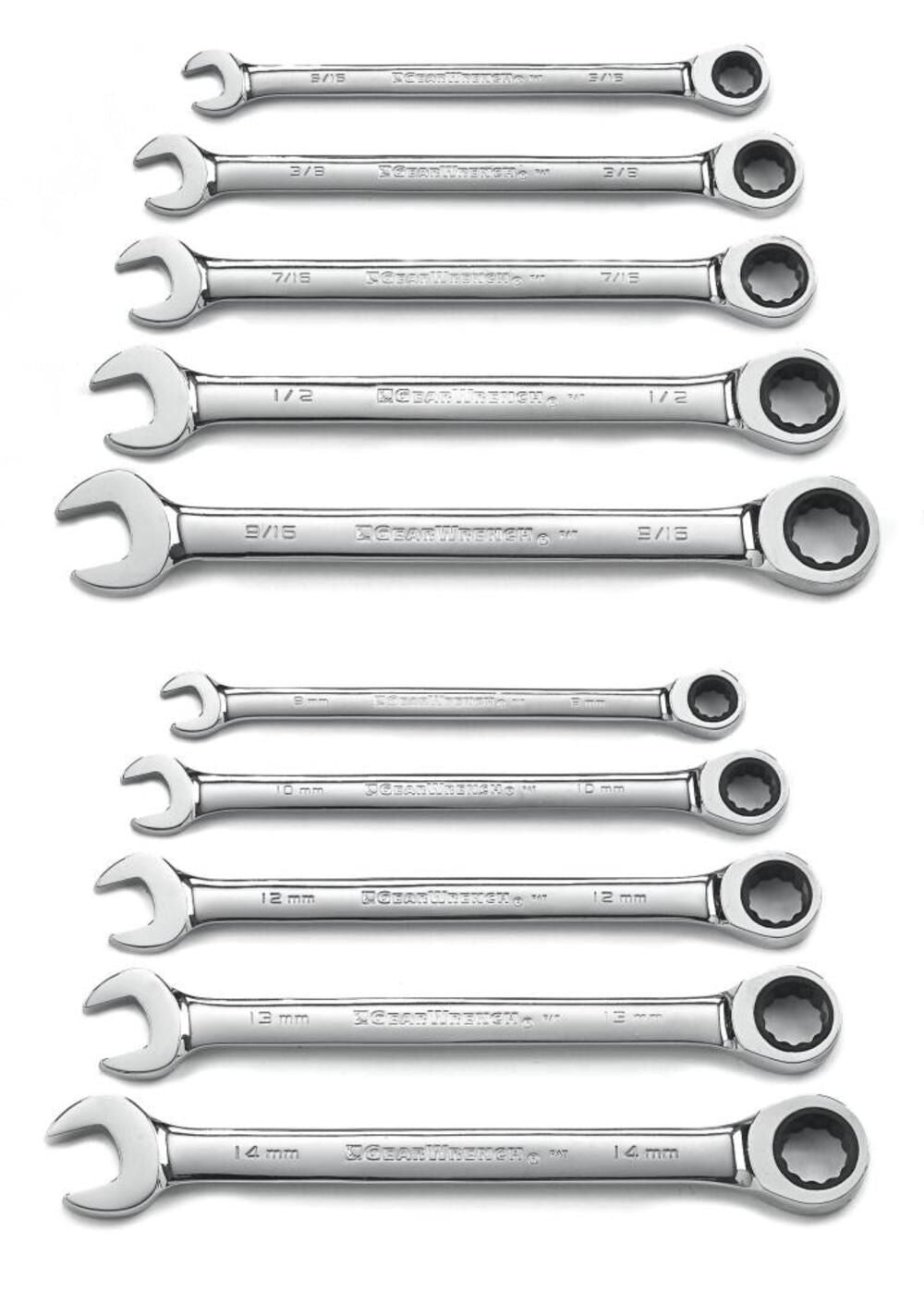 10 Pc 12 Point Ratcheting Combination SAE/Metric Wrench Set 9418