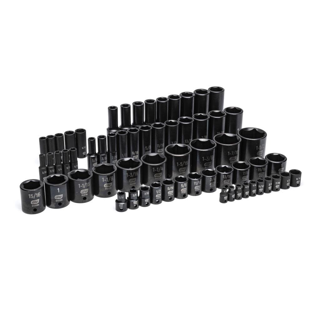 1/4, 3/8, 1/2 Drive 6 Point SAE Impact Socket Set in Foam Storage Tray 63pc GWMSISKSAE