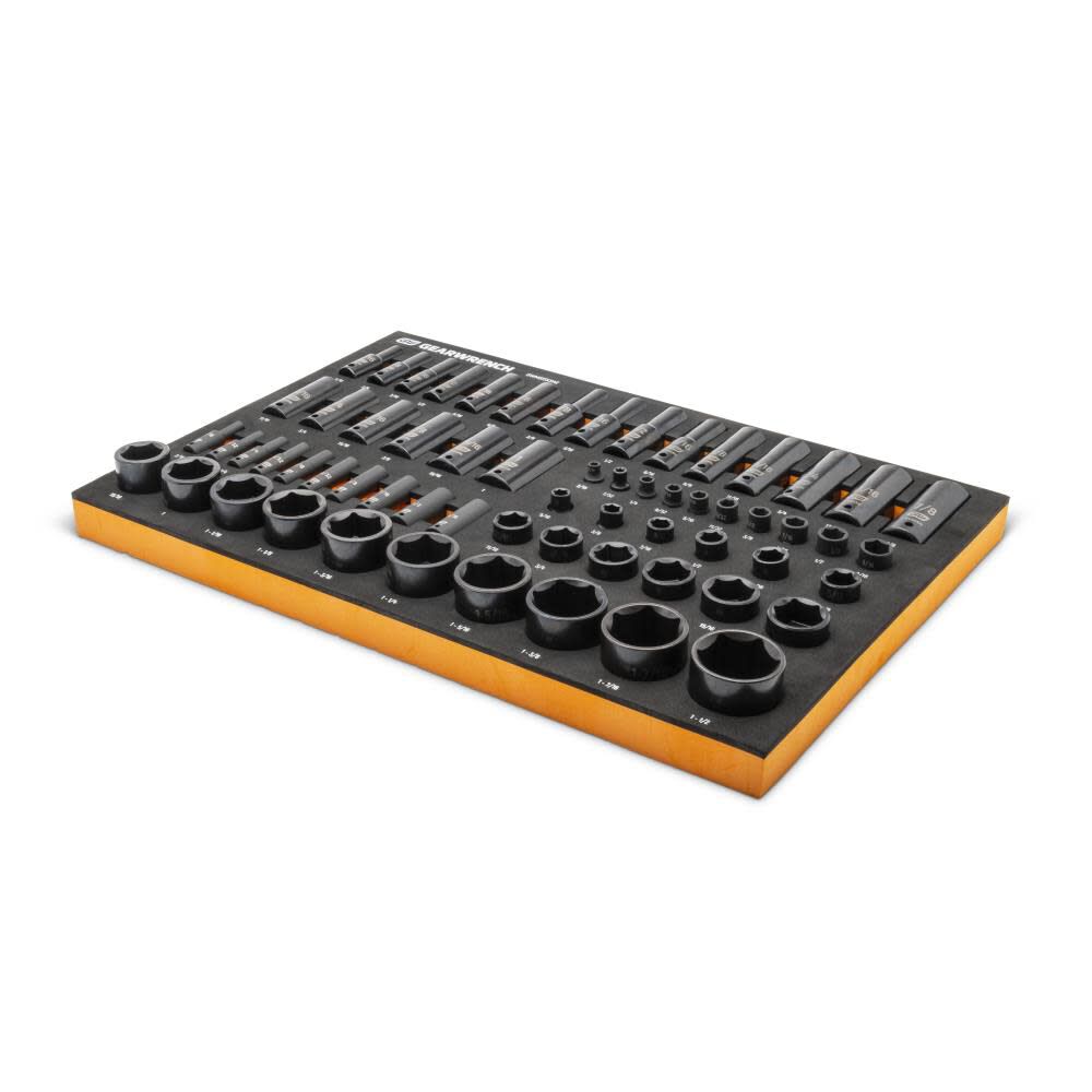 1/4, 3/8, 1/2 Drive 6 Point SAE Impact Socket Set in Foam Storage Tray 63pc GWMSISKSAE