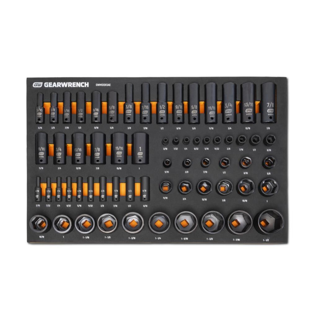 1/4, 3/8, 1/2 Drive 6 Point SAE Impact Socket Set in Foam Storage Tray 63pc GWMSISKSAE