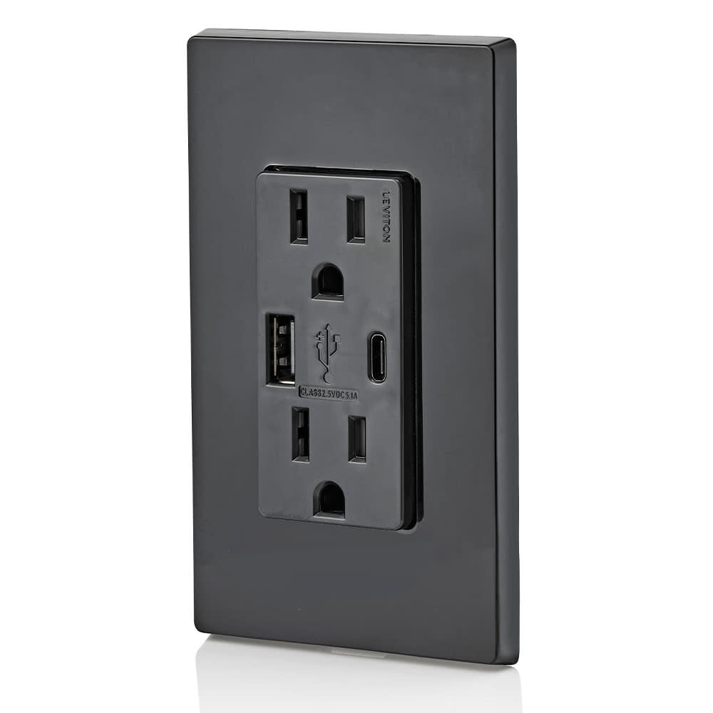 15A 125V 5-15R Black Outlet with USB Type A/C Charger 3894508