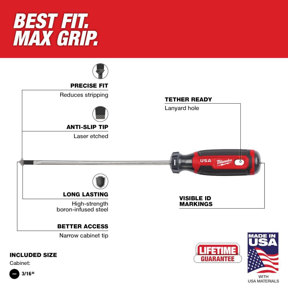 3/16 Inch Cabinet 6 Inch Cushion Grip Screwdriver (USA) MT212