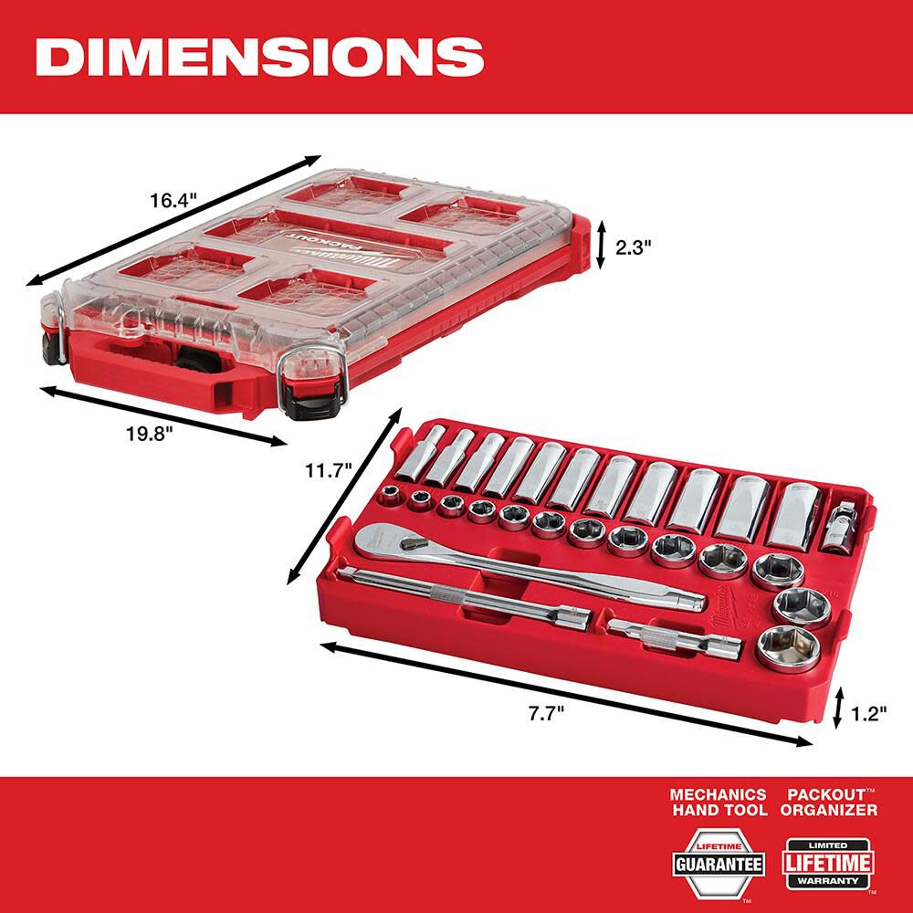 3/8in 28 Pc Ratchet & Socket Set with PACKOUT Organizer 48-22-9481