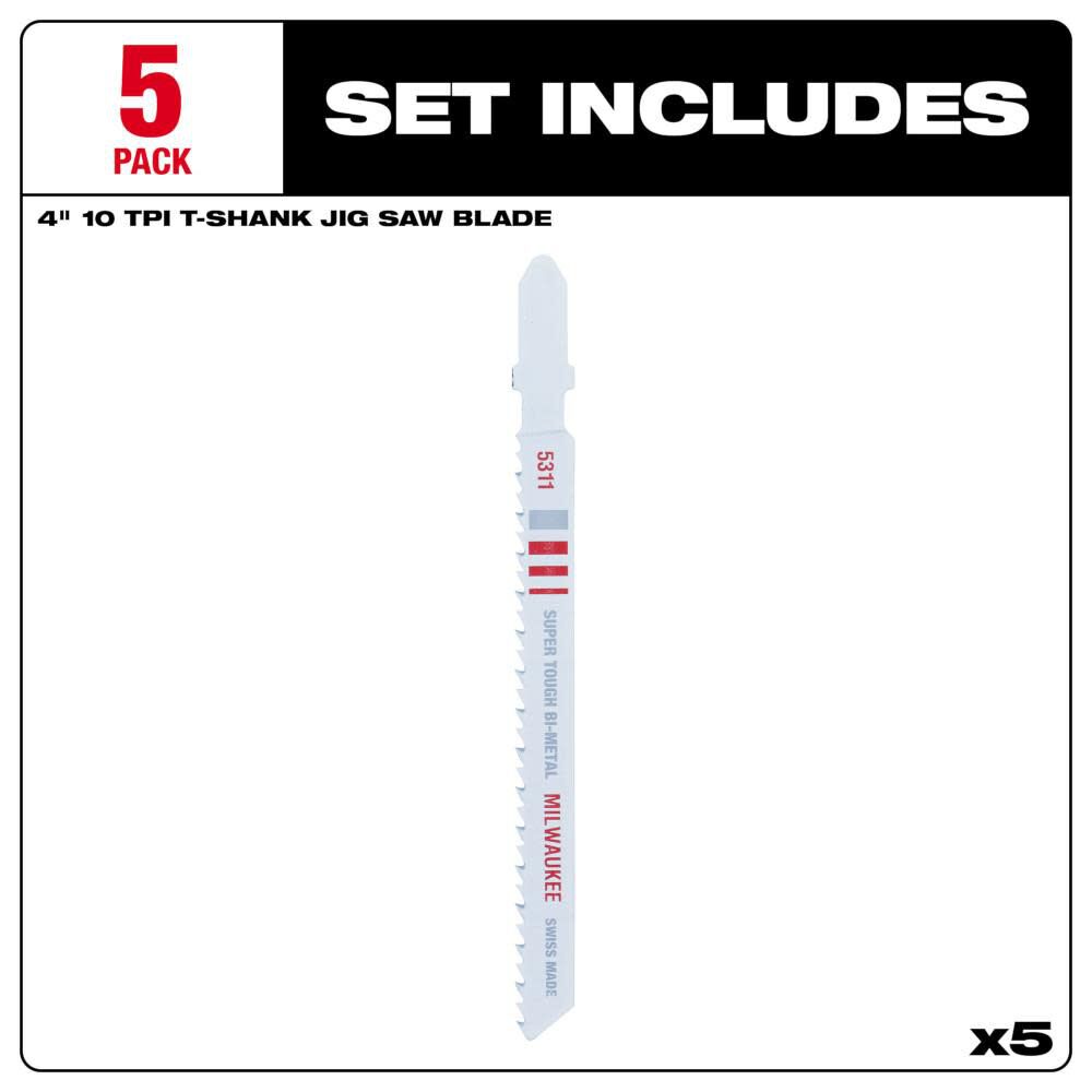 4in 10TPI T-Shank Wood Bi-Metal Jigsaw Blades 5pk 48-42-5311