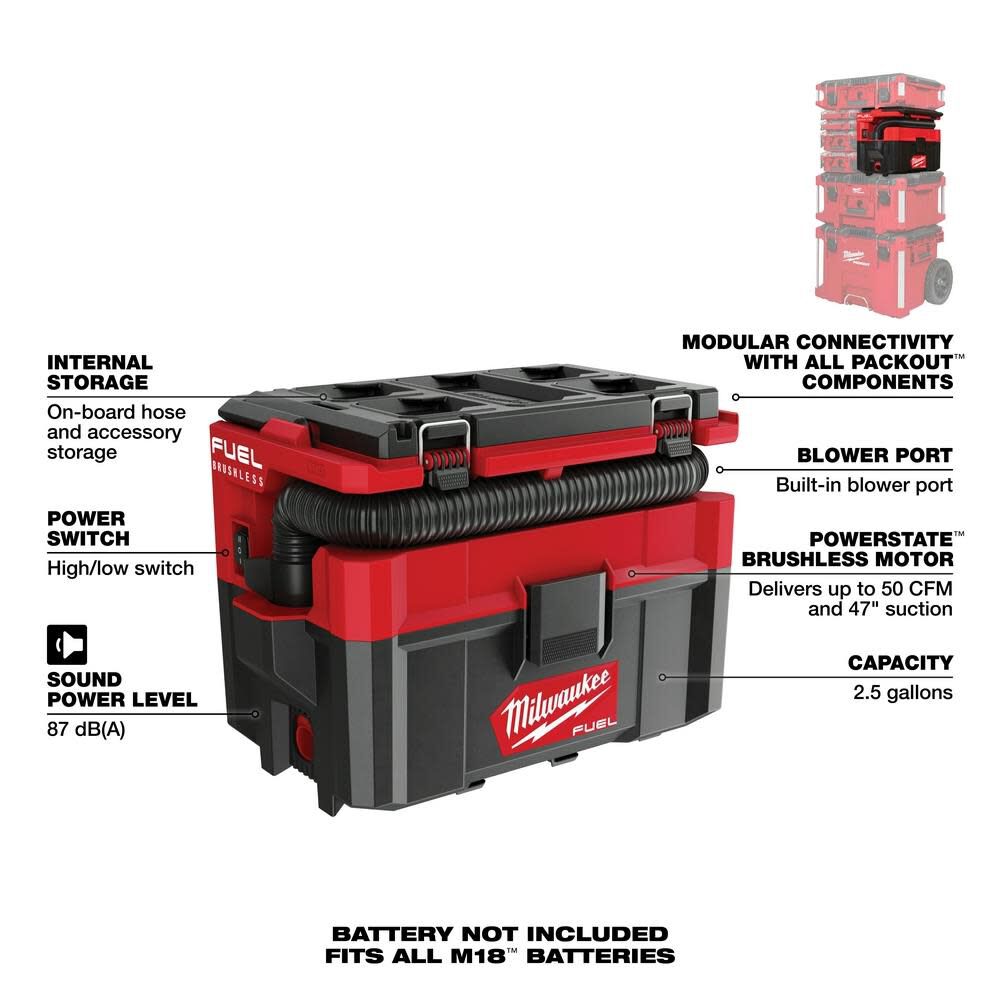 M18 FUEL PACKOUT 2.5 Gallon Wet/Dry Vacuum HIGH OUTPUT XC 6.0Ah Battery Pack 2pk Bundle 0970-20-48-11-1862