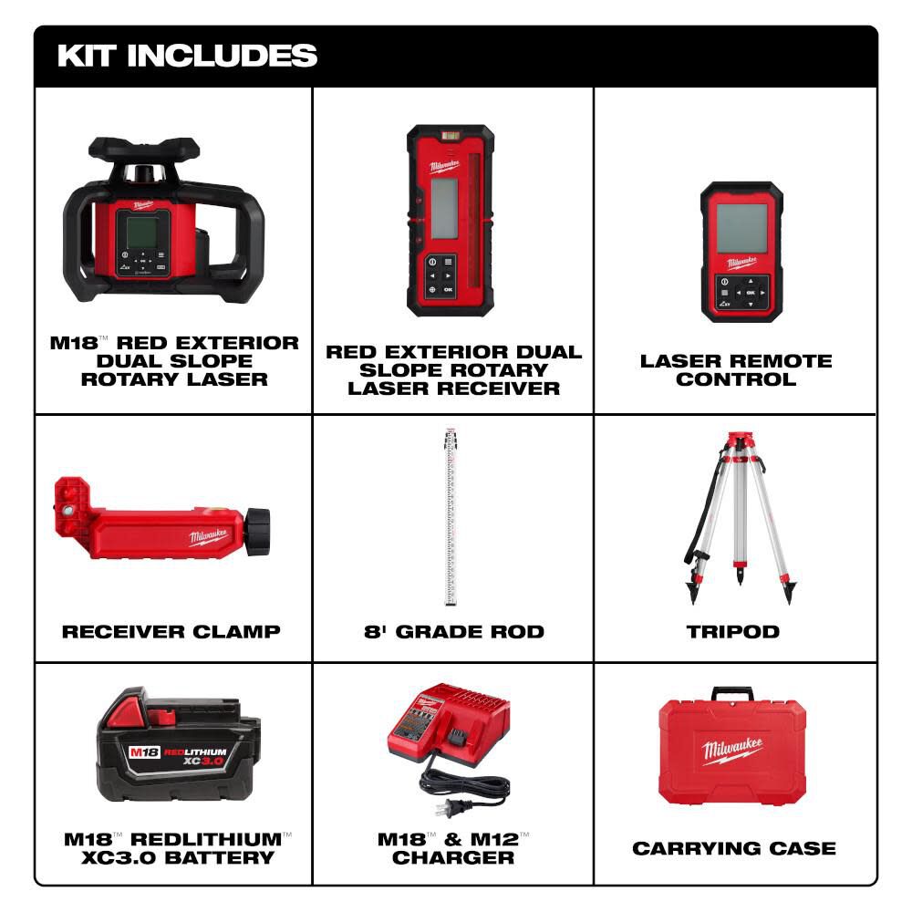 M18 Red Exterior Dual Slope Rotary Laser Level Kit with Receiver, Remote, Grade Rod & Tripod 3704-21T