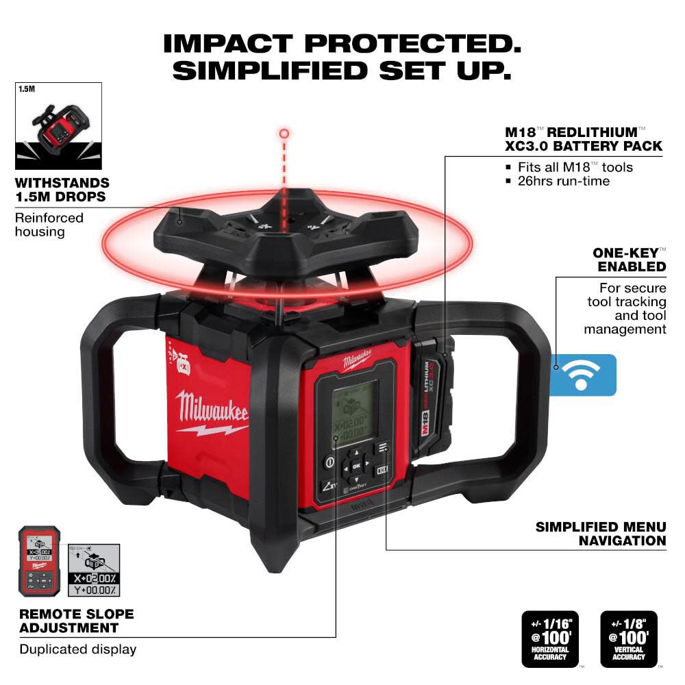 M18 Red Exterior Dual Slope Rotary Laser Level Kit with Receiver, Remote, Grade Rod & Tripod 3704-21T