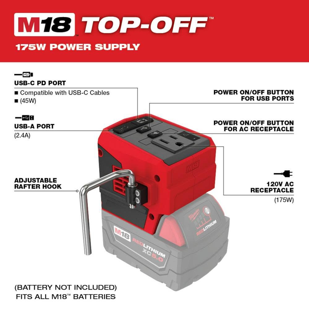 M18 TOP-OFF 175W Power Supply & M18 REDLITHIUM HIGH OUTPUT XC6.0 Battery Pack 2846-21HO