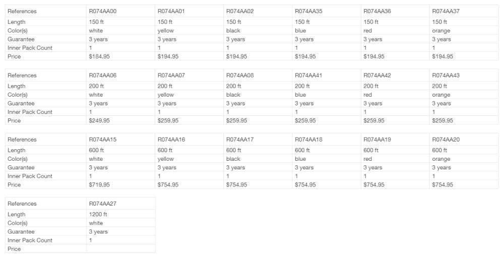 Low Stretch Kernmantel Rope 1200ft White, NFPA R074AA27