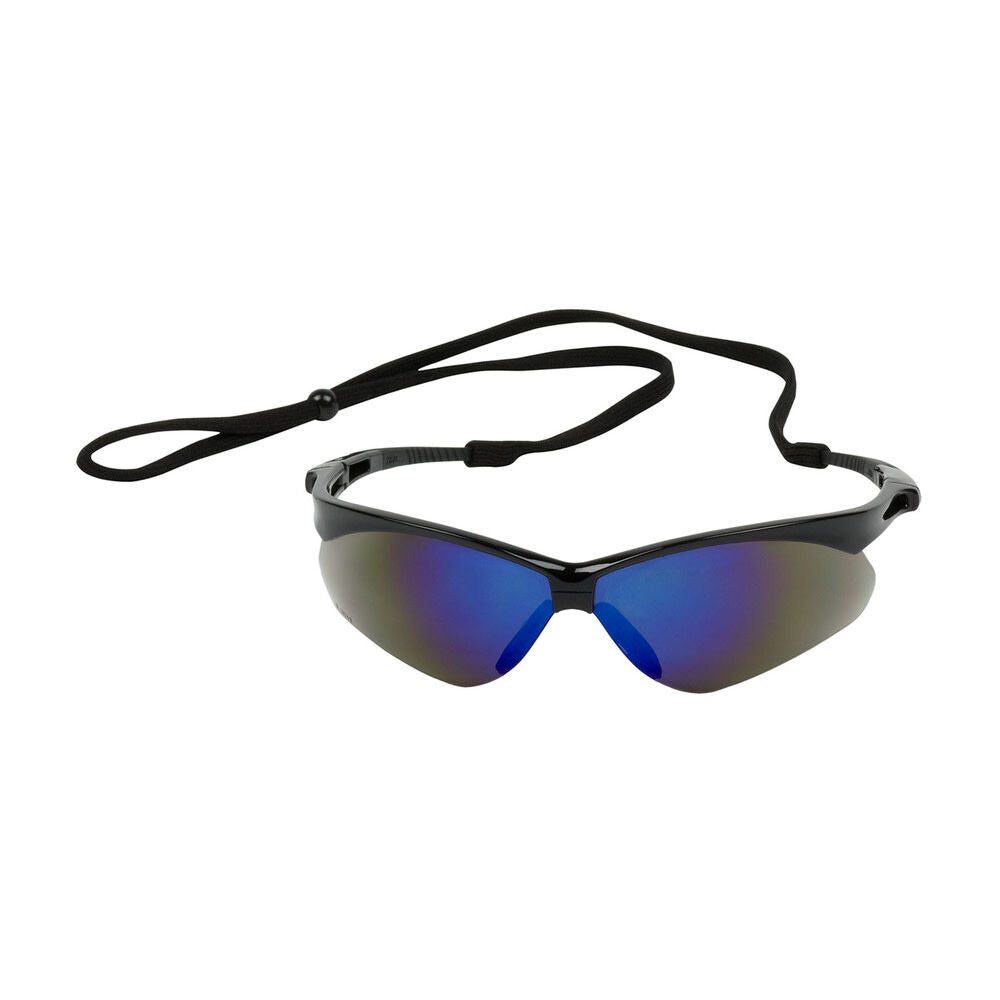 Anser Semi-Rimless Safety Glasses with Black Frame Blue Mirror Lens and Anti-Scratch Coating Including Neck Cord 250-AN-10115