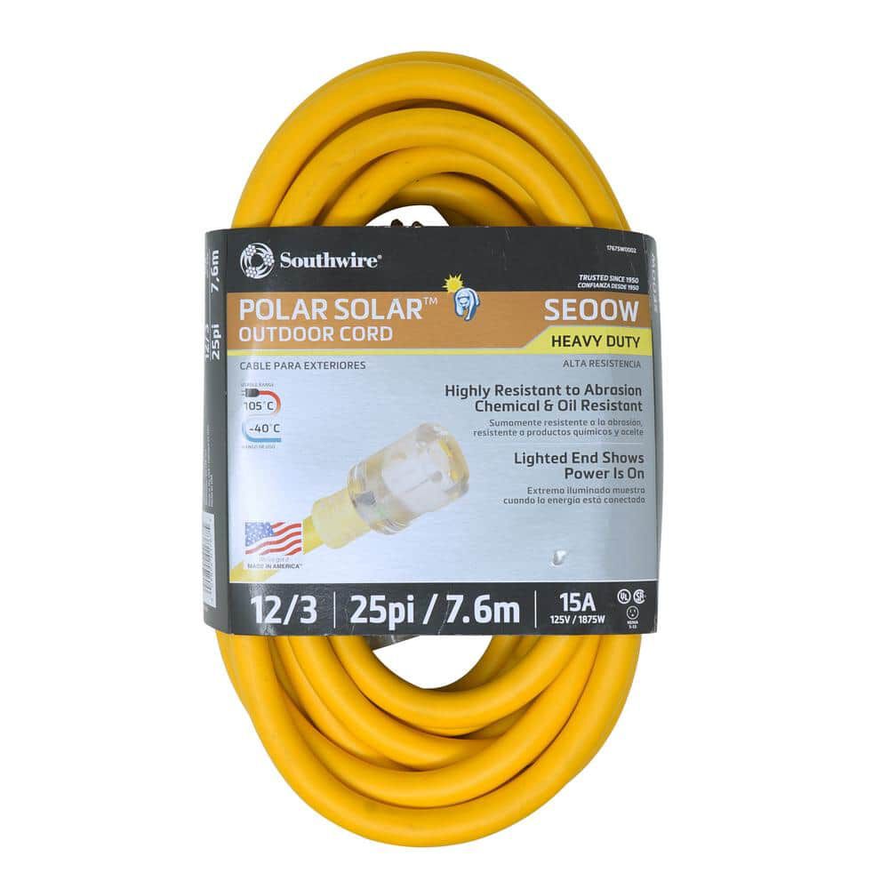 25 ft 12/3 SEOOW Heavy-Duty Outdoor Extension Cord Yellow 1767SW0002