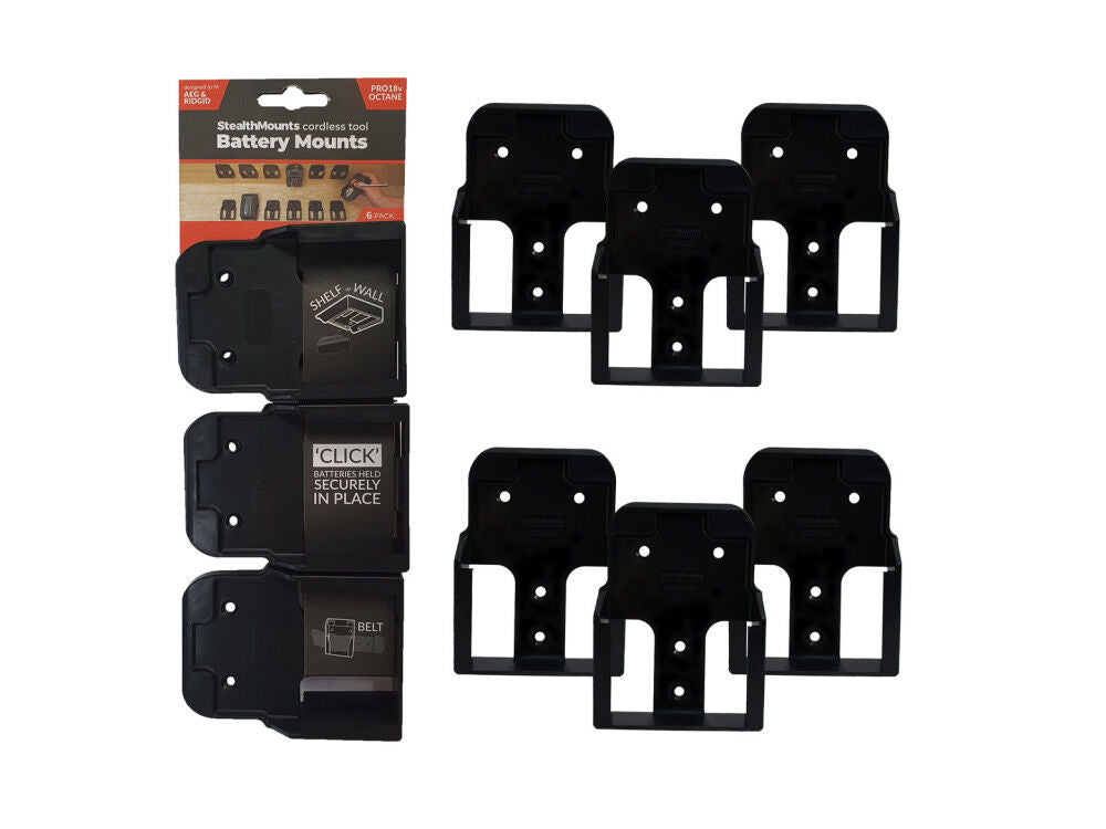 Battery Mounts for Ridgid & AEG 18v 6pk Black BM-RG18-BLK-6