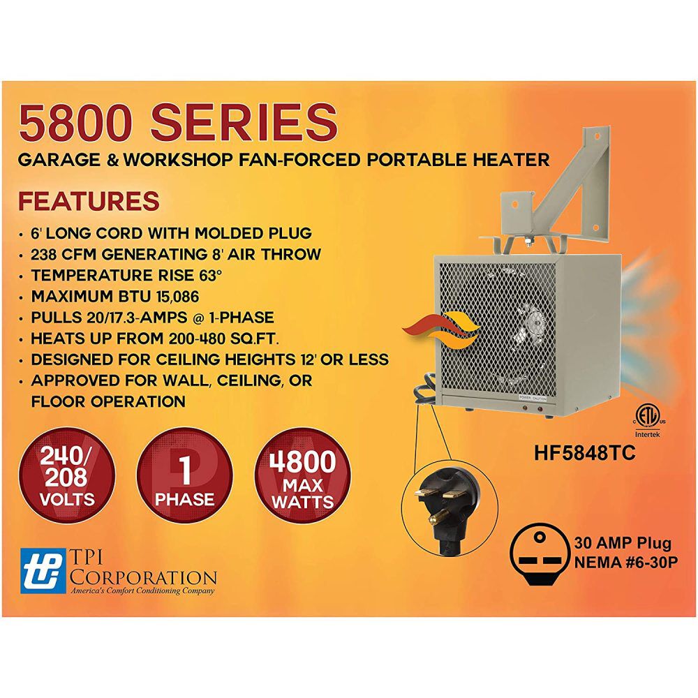 Heater 208V/240V 1 Phase 4800with 3600W Fan Forced Portable HF5848TC