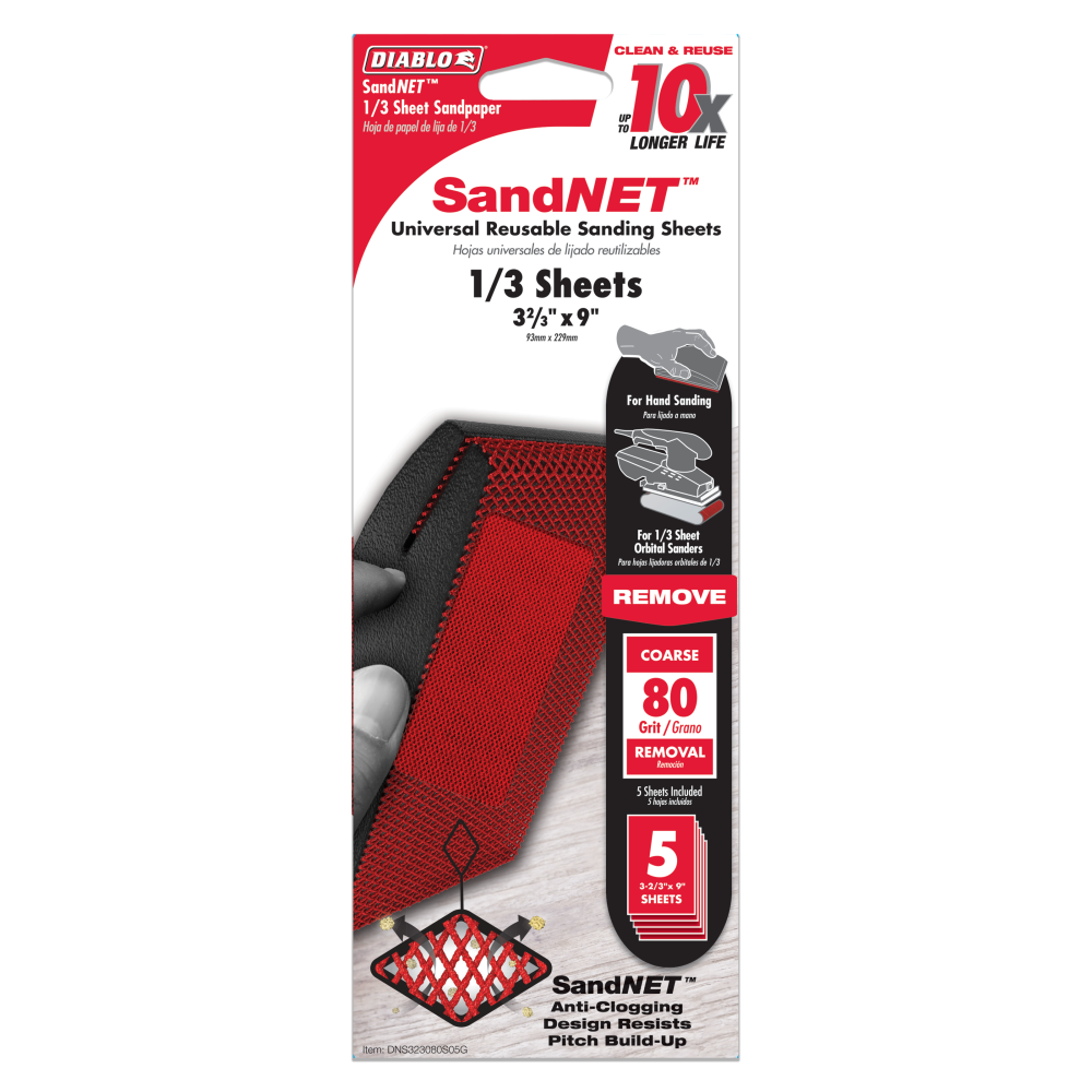 SandNET Sanding Sheets 1/3 Sheet 80 Grit Universal Reusable 5pk DNS323080S05G