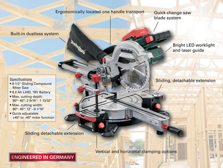 Cordless 8-1/2-in 6.2-Amp Single Bevel Sliding Compound Miter Saw with Laser Guide KGS18 LTX 216 6.2AH