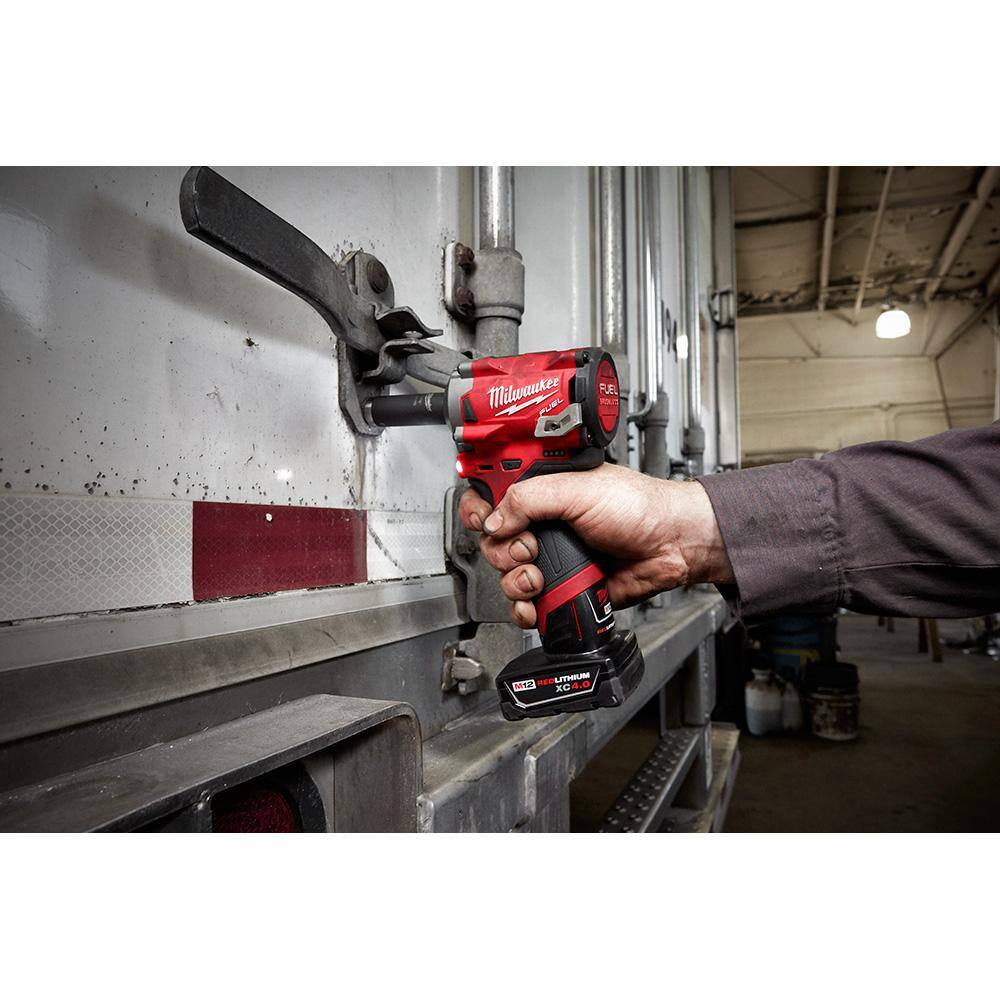 M12 FUEL 12V Lithium-Ion Brushless Cordless Stubby 1/2 In. Impact Wrench Kit with Pin Detent, 2 Batteries and Bag