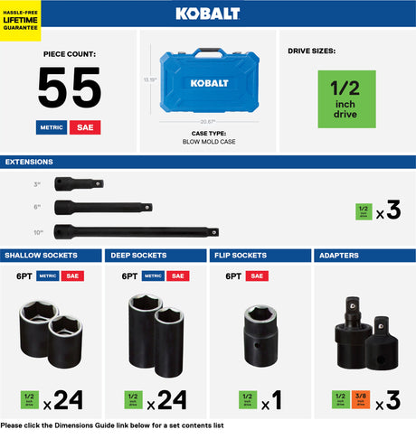 55-Piece Standard (SAE) and Metric 1/2-in Drive Set 6-point Impact Socket Set 80724