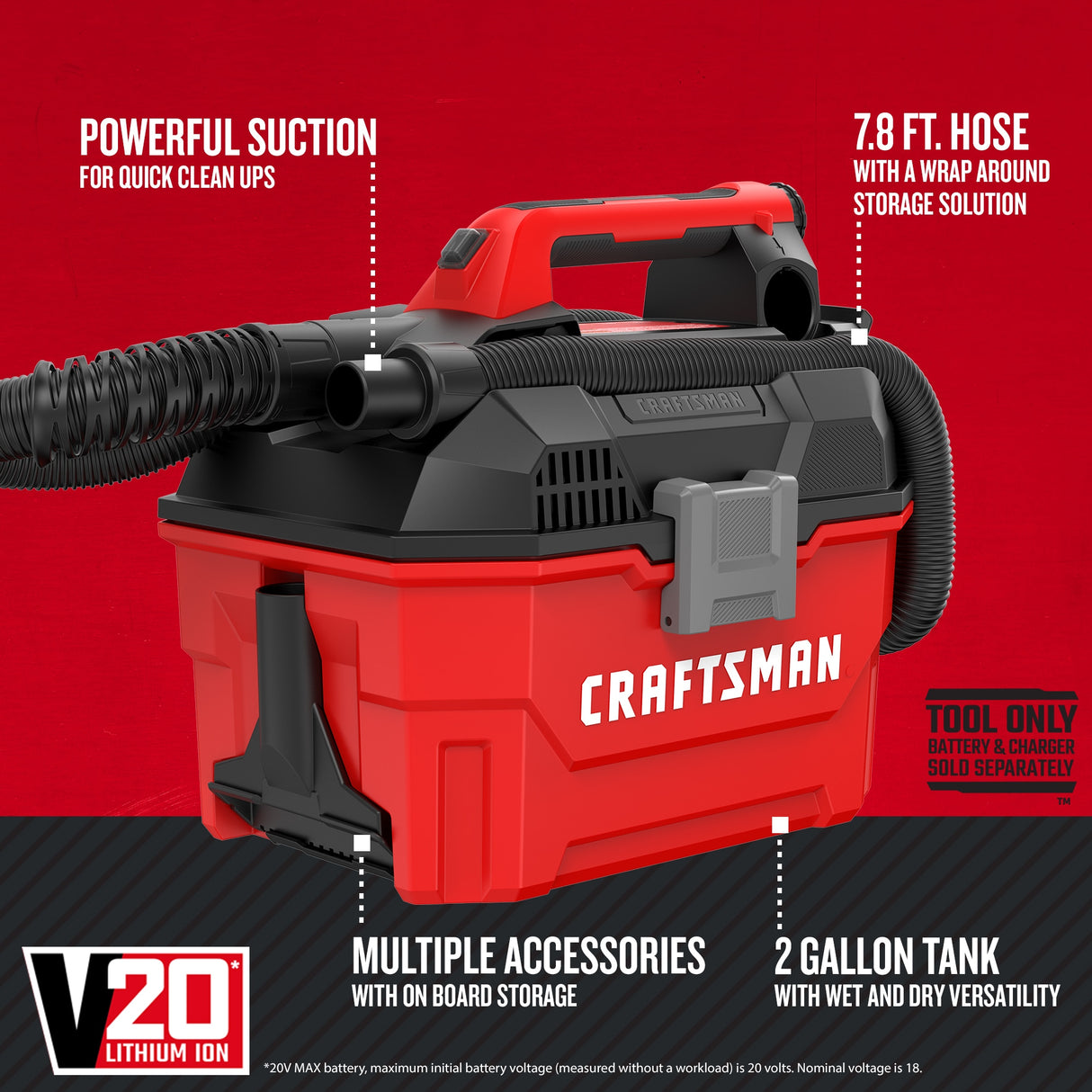 V20 35-CFM 20-volt Max 2-Gallons Cordless Wet/Dry Shop Vacuum with Accessories Included (Bare Tool) CMCV002B