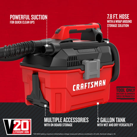 V20 35-CFM 20-volt Max 2-Gallons Cordless Wet/Dry Shop Vacuum with Accessories Included (Bare Tool) CMCV002B