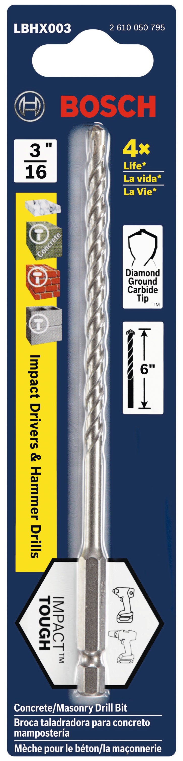 Impact Tough 3/16-in x 6-in High-speed Steel Masonry Drill Bit for Hammer Drill LBHX003