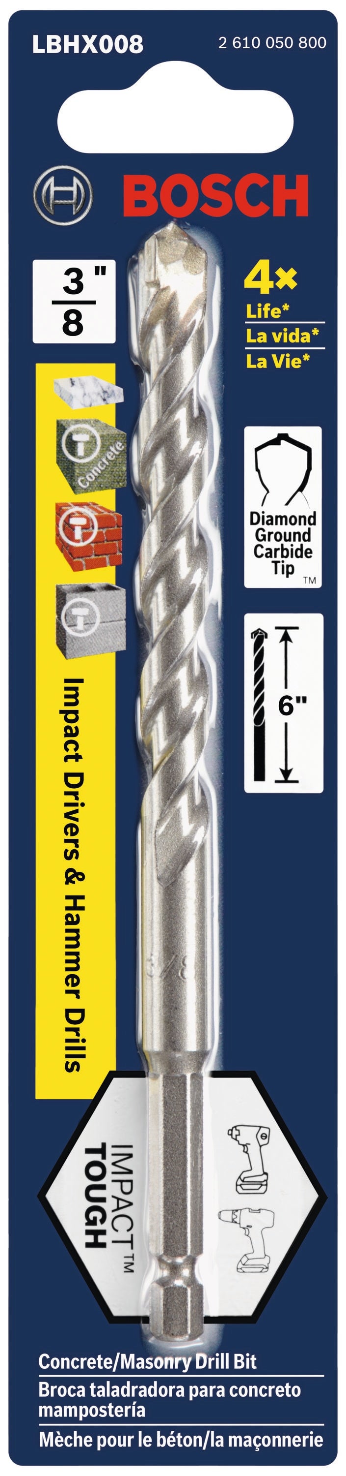 Impact Tough 3/8-in x 6-in High-speed Steel Masonry Drill Bit for Hammer Drill LBHX008