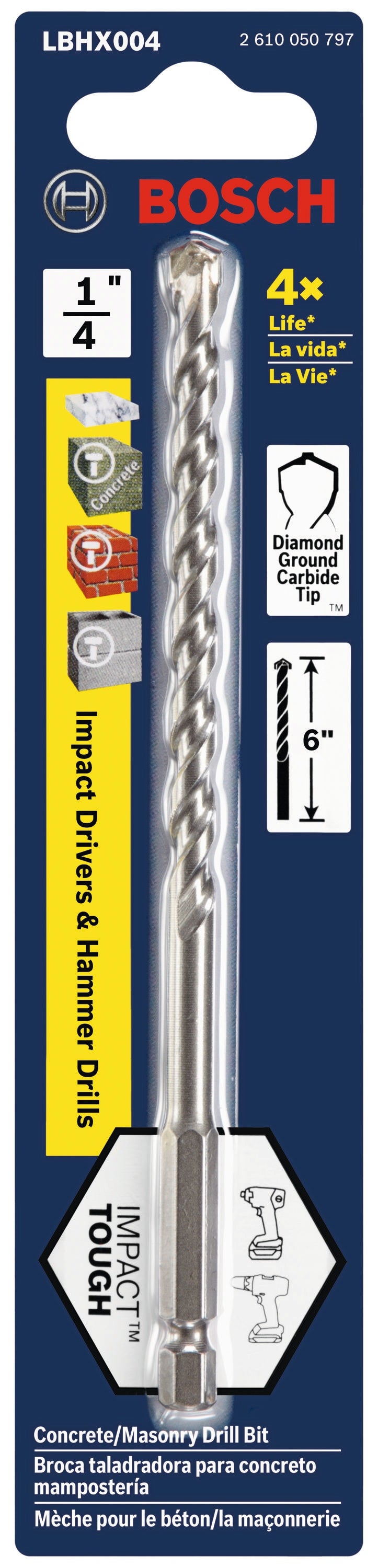 Impact Tough 1/4-in x 6-in High-speed Steel Masonry Drill Bit for Hammer Drill LBHX004