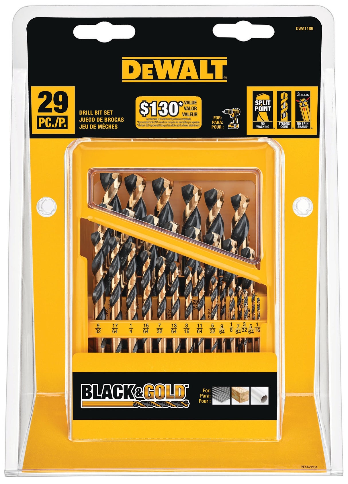 29-Piece Assorted Black and Gold Coated Hss Jobber Length Twist Drill Bit Set DWA1189