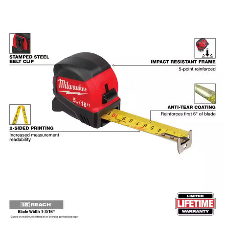 5 M/16 Ft. X 1-3/16 In. Compact Wide Blade Tape Measure with 15 Ft. Reach