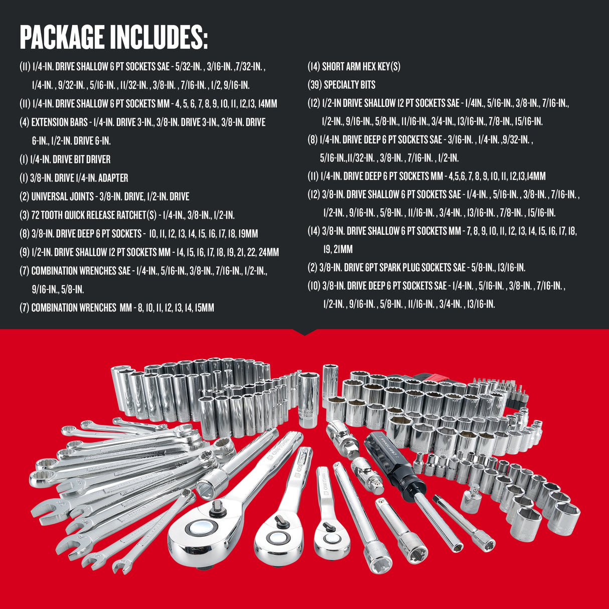 189-Piece Standard (SAE) and Metric Polished Chrome Mechanics Tool Set with Hard Case CMMT12034