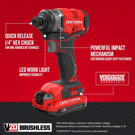 20V Max Brushless Cordless Impact Driver (1-Battery Included, Charger Included and Soft Bag included) CMCF810C1