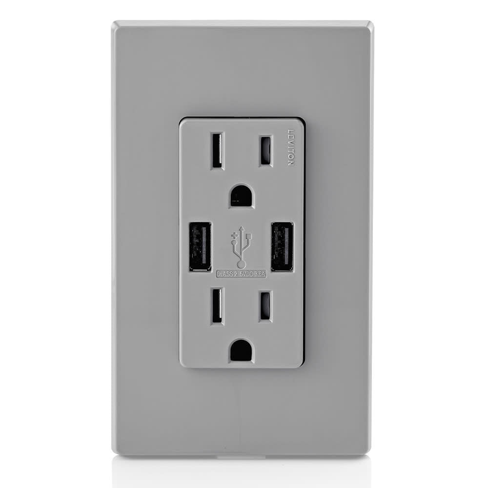 Decora 15A 125V Gray NEMA 5-15R Outlet & USB Charger 3809423