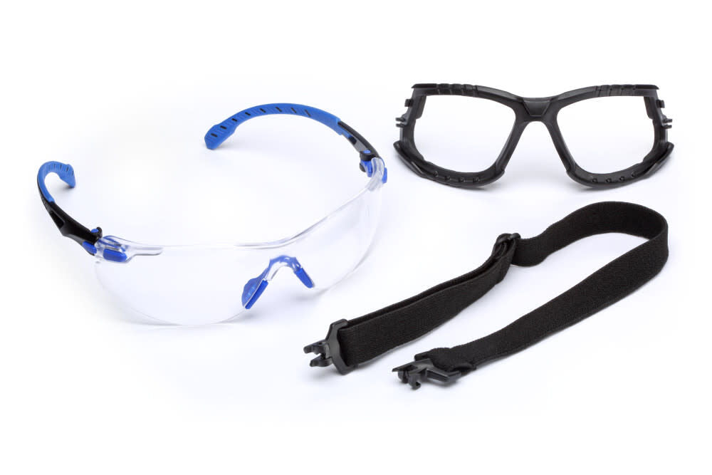 Solus Safety Glasses 1000-Series S1101SGAF-KT Kit Foam Strap Black/Blue Clear Scotchgard Anti-fog Lens 5113127189
