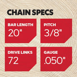 D72 72 Link Replacement Chainsaw Chain For 20-in, 0.05-in Gauge, 3/8-in Pitch D72