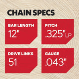 N51 51 Link Replacement Chainsaw Chain For 12-in, 0.043-in Gauge, 3/8-in Pitch N51-21