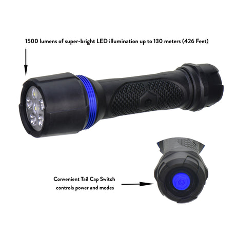 Virtually Indestructible Waterproof 1500-Lumen 4 Modes LED Flashlight KF1500