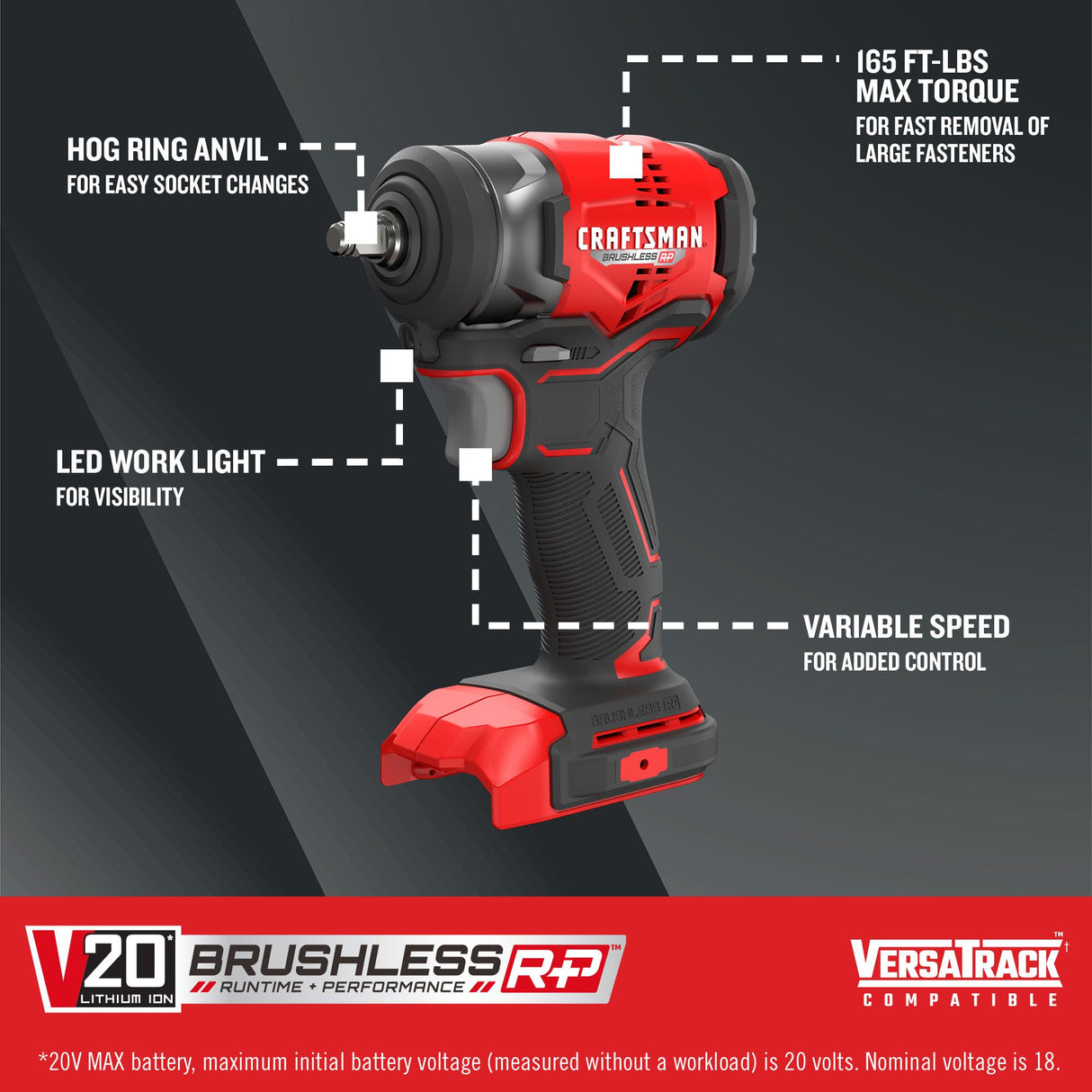 V20 RP 20-volt Max Variable Speed Brushless 3/8-in Drive Cordless Impact Wrench (Bare Tool) CMCF911B