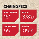 T55 55 Link Replacement Chainsaw Chain For 16-in, 0.05-in Gauge, 3/8-in Pitch T55-21