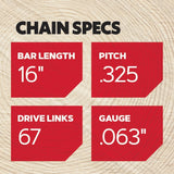 L67 67 Link Replacement Chainsaw Chain For 16-in, 0.063-in Gauge,0.325-in Pitch L67-21