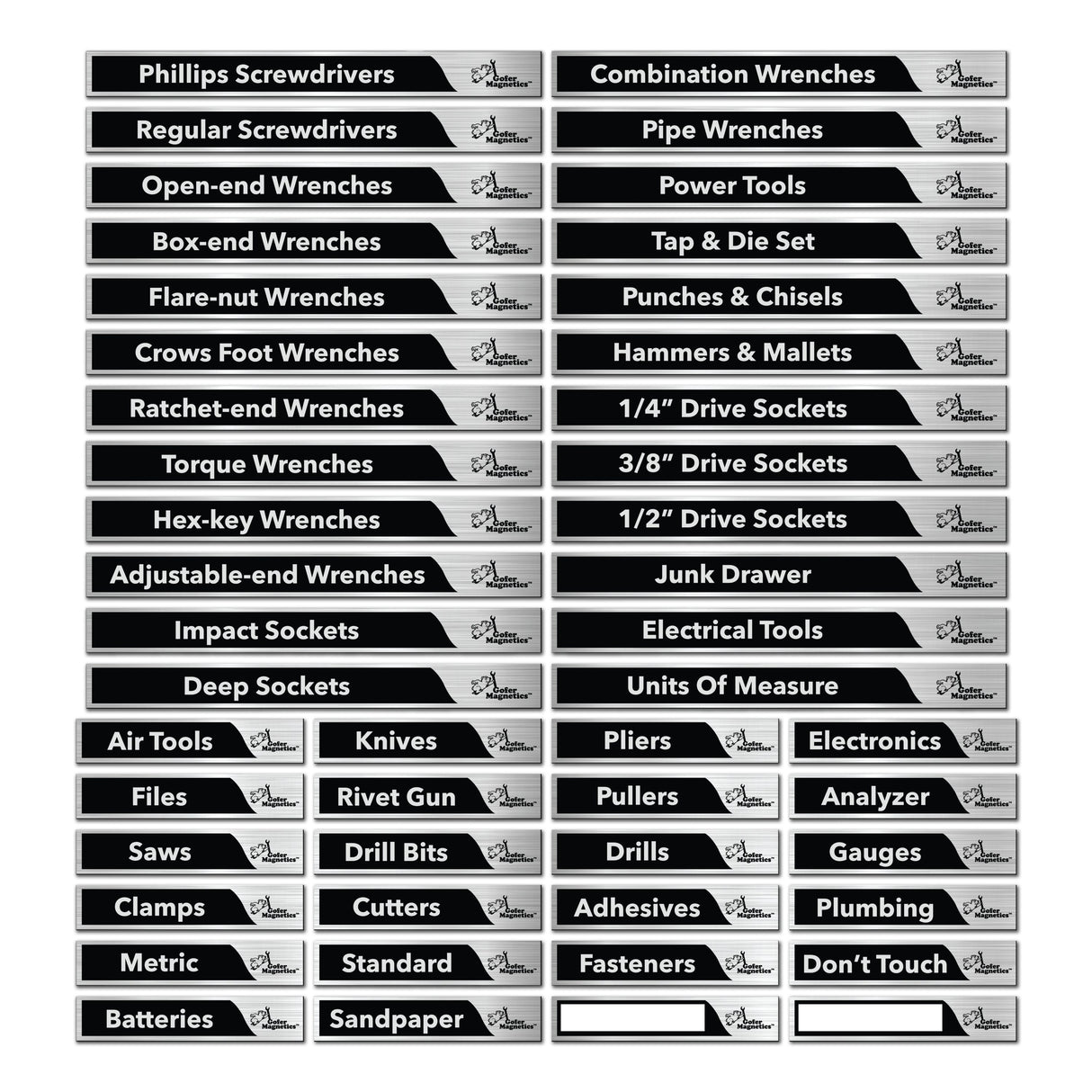 Set of 48 Brushed Silver and Black Magnetic Toolbox Labels Magnetic Accessory GMLB107