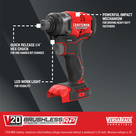 V20 RP 20-volt Max 1/4-in Brushless Cordless Impact Driver CMCF813B