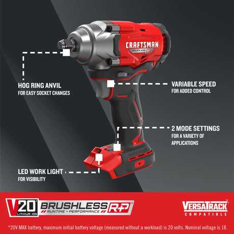 20-volt Max Variable Brushless 1/2-in Drive Cordless Impact Wrench (Bare Tool) CMCF921B