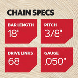 E68 68 Link Replacement Chainsaw Chain For 18-in, 0.05-in Gauge, 3/8-in Pitch E68